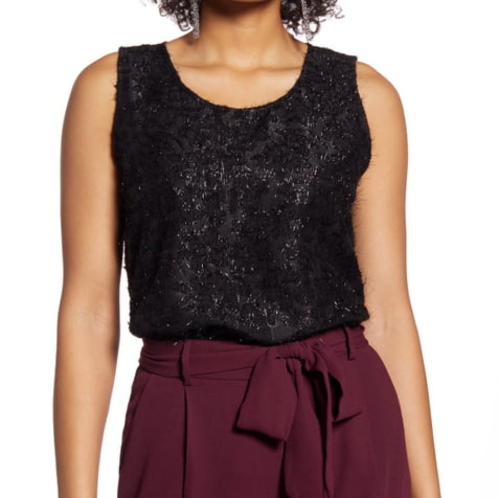 HALOGEN black metallic sparkle scoop neck lined woven sleeveless shell basic